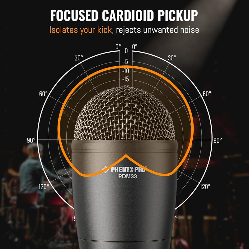 Phenyx Pro PDM33 Kick Drum Microphone, Cardioid Dynamic Mic with Locking Stand Adapter, Integral XLR Connector, and Metal Mesh Grille - Image 4